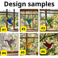 Handmade stained glass hummingbird suncatchers in colorful blue green red purple and yellow, vibrant spring window hanging and meaningful mother's day memorial gift.