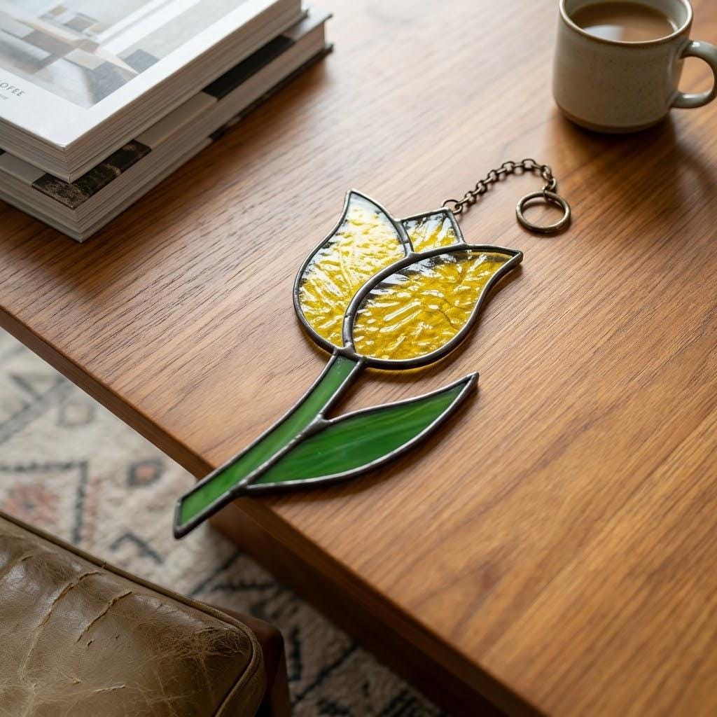 Stained Glass Tulip Suncatcher Spring Window Decor Flower Mother's Day Gift for Mom Romantic Anniversary Wife Botanical Glass Art
