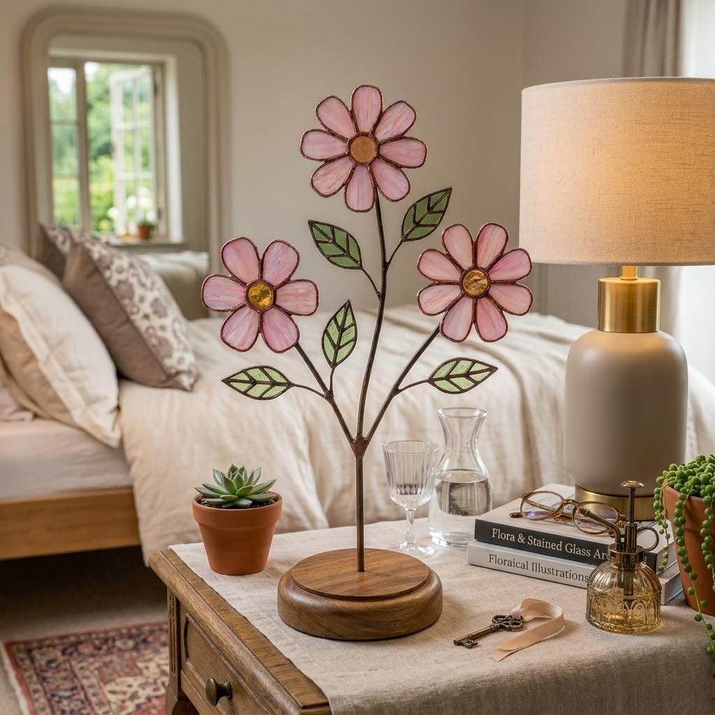 Handcrafted pink cosmos stained glass flower tree standing on a custom personalized engraved wooden base casting colored shadows, perfect October birth flower or Mother's Day desk decor gift.