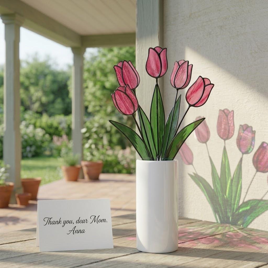 Handmade stained glass tulip flower stems arranged in a vase, custom forever bouquet colorful spring decor and personalized Mother's Day gift for mom.