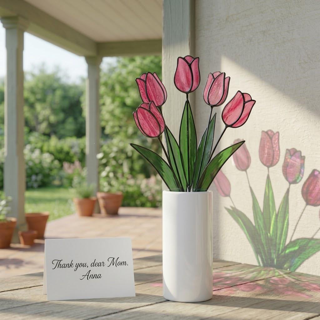 Handmade stained glass tulip flower stems arranged in a vase, custom forever bouquet colorful spring decor and personalized Mother's Day gift for mom.