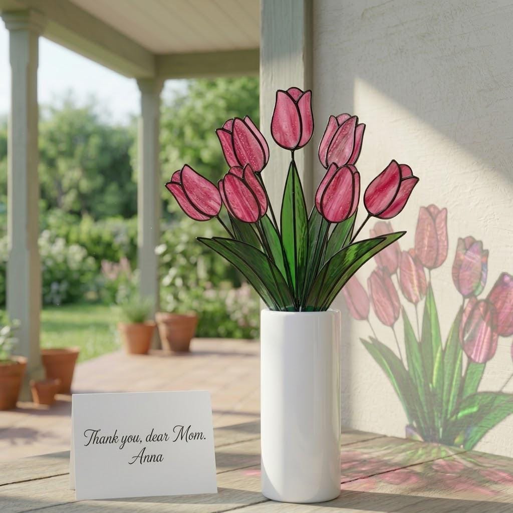 Handmade stained glass tulip flower stems arranged in a vase, custom forever bouquet colorful spring decor and personalized Mother's Day gift for mom.