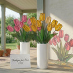 Handmade stained glass tulip flower stems arranged in a vase, custom forever bouquet colorful spring decor and personalized Mother's Day gift for mom.