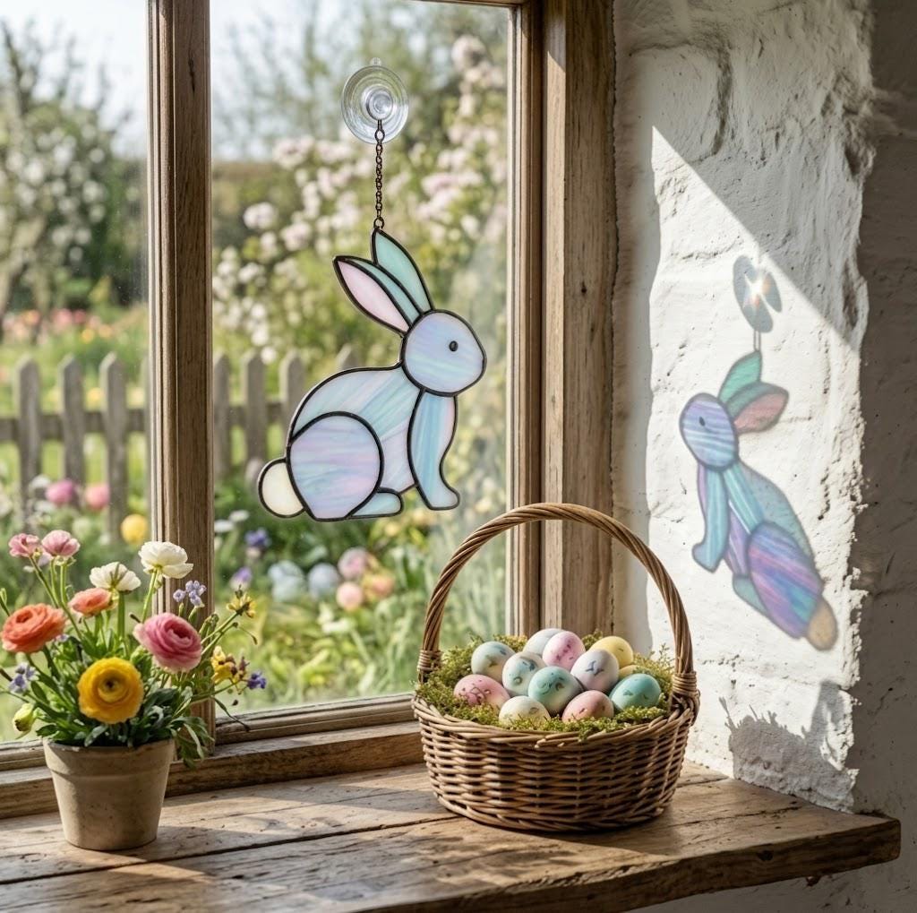 Handmade stained glass cute bunny rabbit suncatcher in iridescent pastel colors, perfect easter window decor and spring nursery room wall hanging gift.