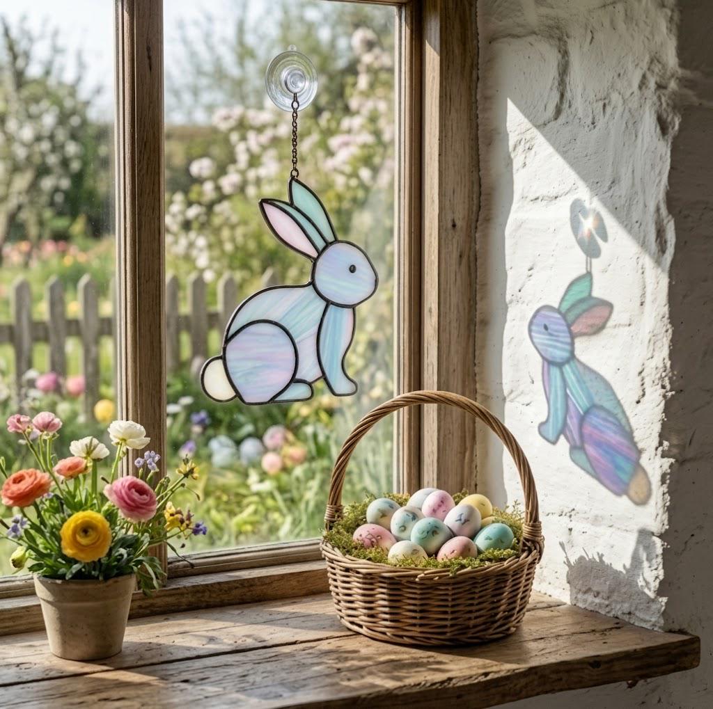 Handmade stained glass cute bunny rabbit suncatcher in iridescent pastel colors, perfect easter window decor and spring nursery room wall hanging gift.