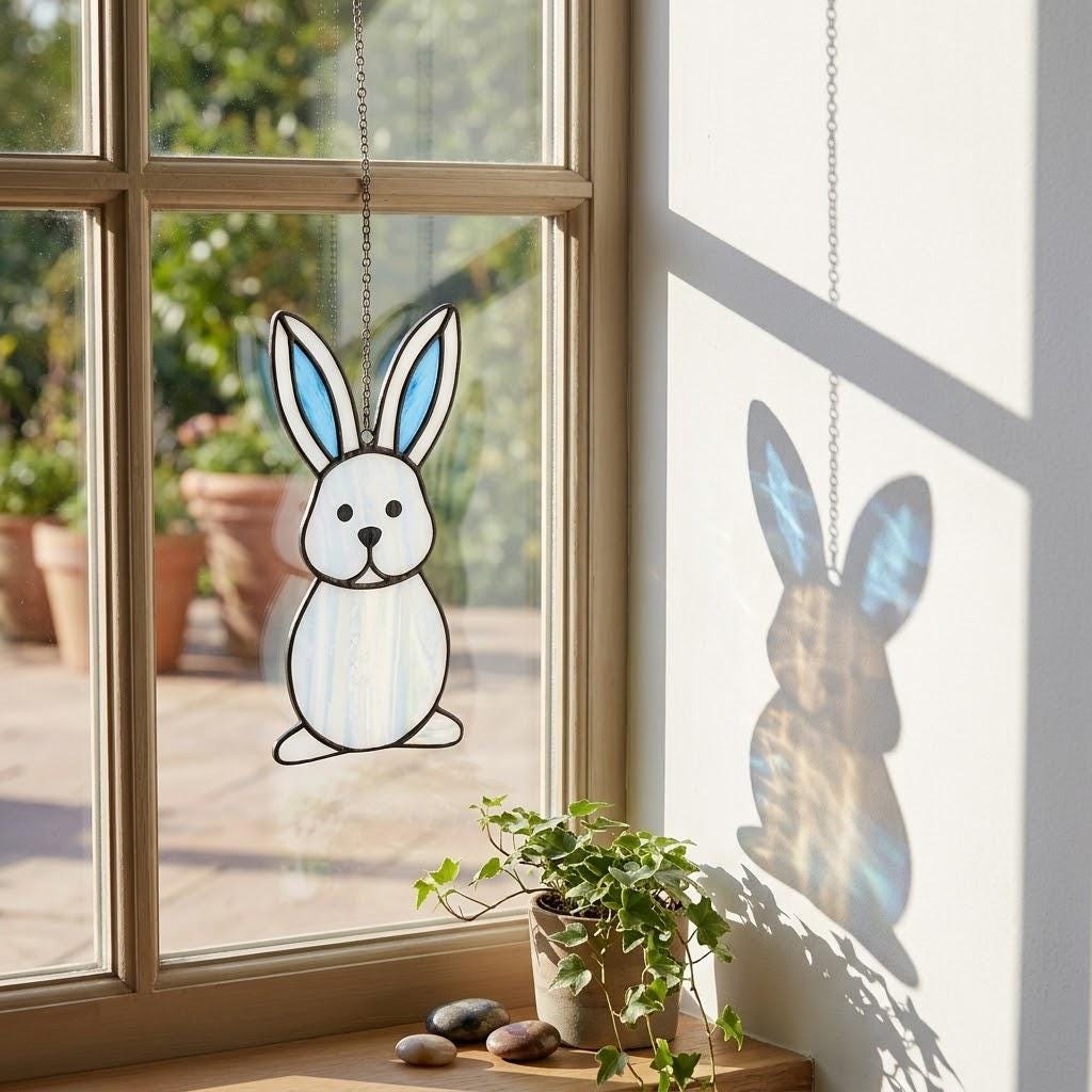 Handmade stained glass cute bunny rabbit suncatcher in iridescent pastel colors, perfect easter window decor and spring nursery room wall hanging gift.