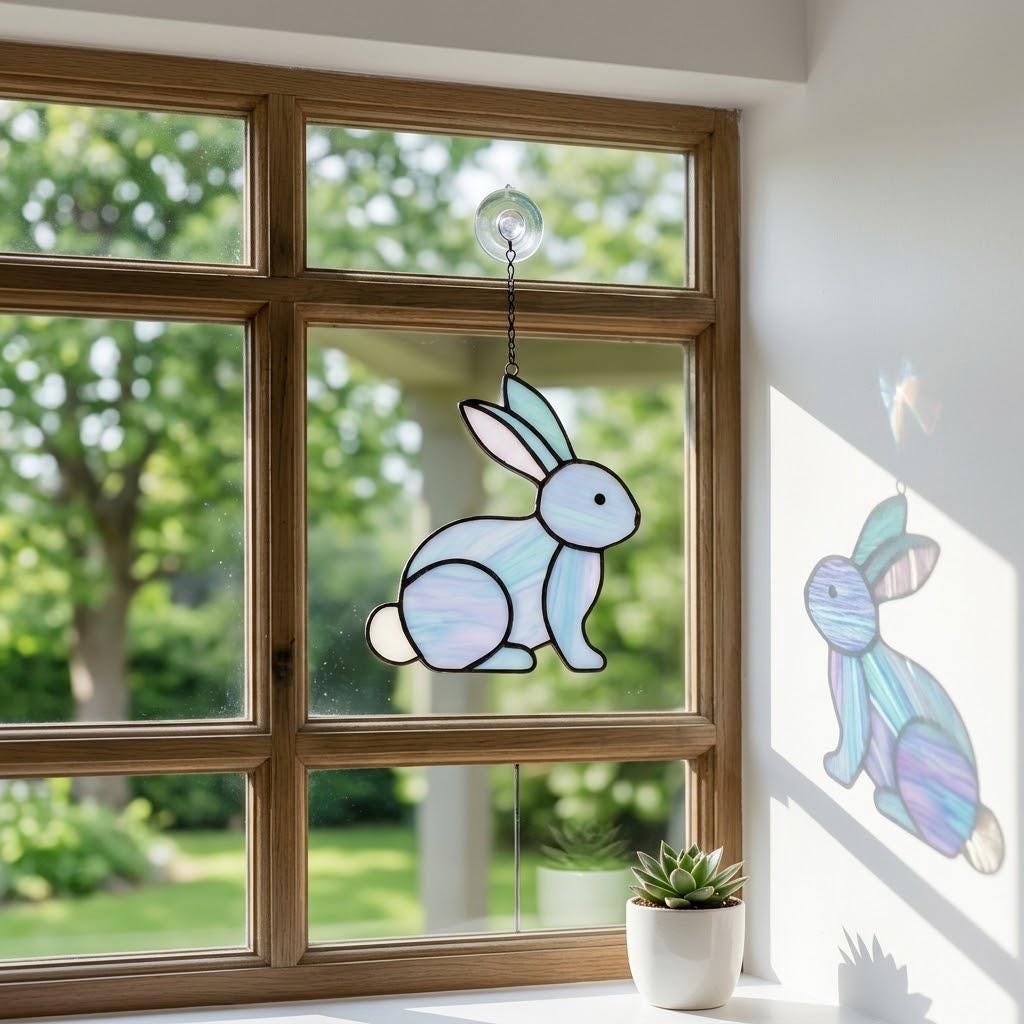 Handmade stained glass cute bunny rabbit suncatcher in iridescent pastel colors, perfect easter window decor and spring nursery room wall hanging gift.