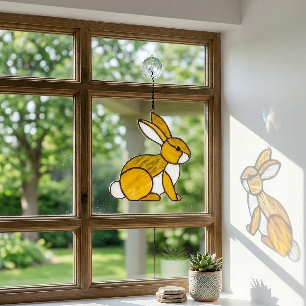 Handmade stained glass cute bunny rabbit suncatcher in iridescent pastel colors, perfect easter window decor and spring nursery room wall hanging gift.