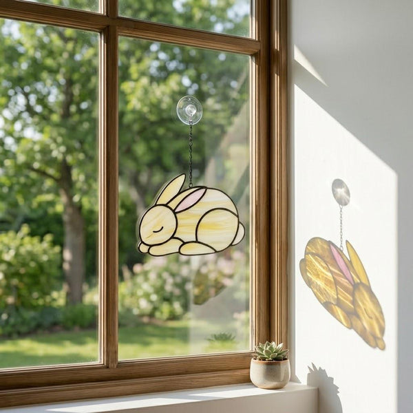 Handmade stained glass cute bunny rabbit suncatcher in iridescent pastel colors, perfect easter window decor and spring nursery room wall hanging gift.
