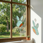 Handmade stained glass cute bunny rabbit suncatcher in iridescent pastel colors, perfect easter window decor and spring nursery room wall hanging gift.