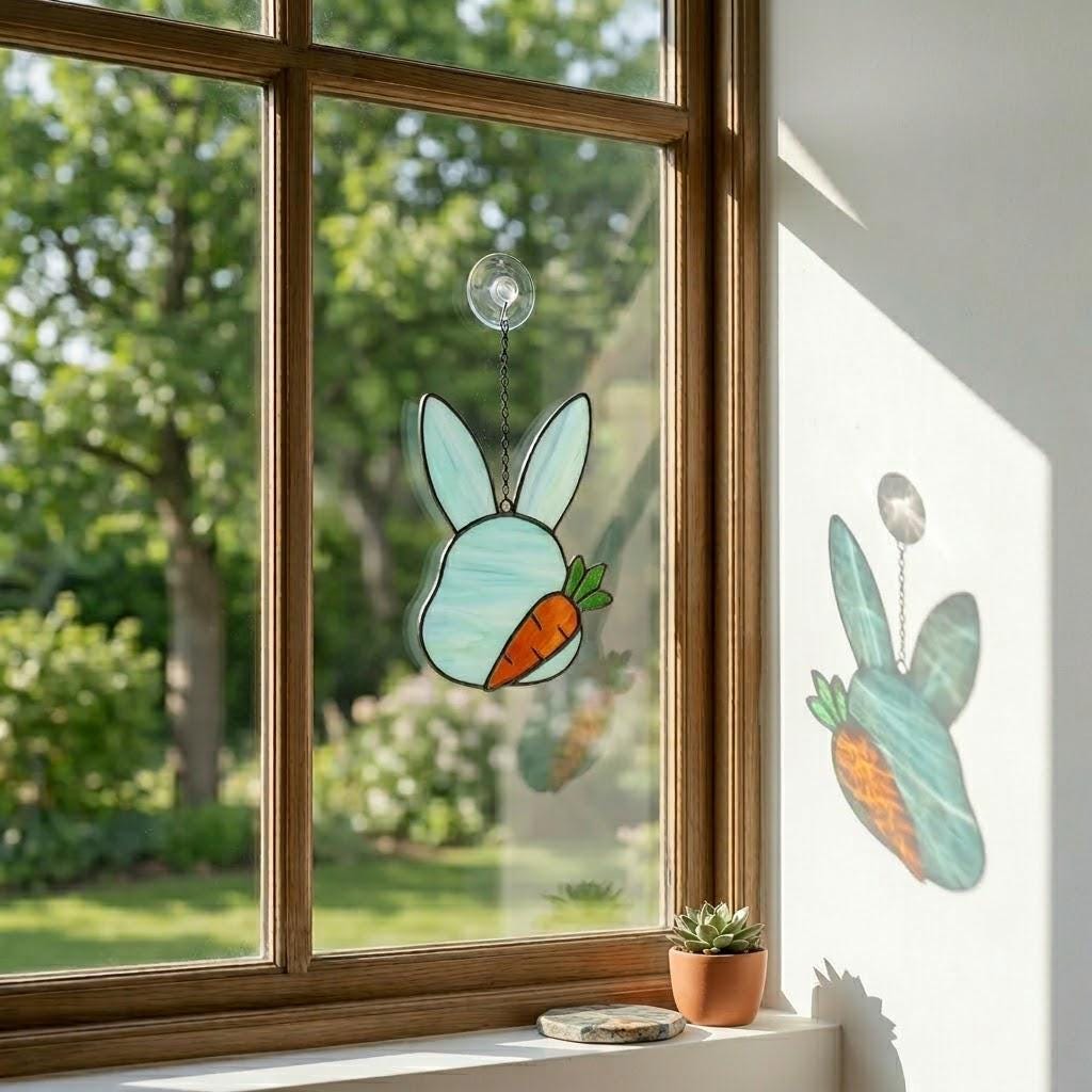 Handmade stained glass cute bunny rabbit suncatcher in iridescent pastel colors, perfect easter window decor and spring nursery room wall hanging gift.