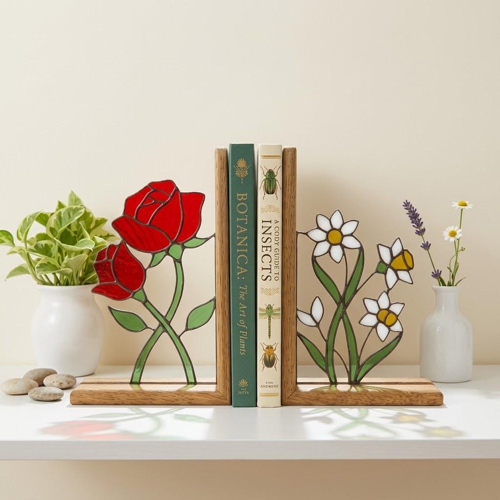 Stained Glass Floral Bookends Red Rose & White Daisy Wood Book Stand Botanical Shelf Decor Book Lover Gift for Women Mother's Day