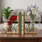 Stained Glass Floral Bookends Red Rose & White Daisy Wood Book Stand Botanical Shelf Decor Book Lover Gift for Women Mother's Day