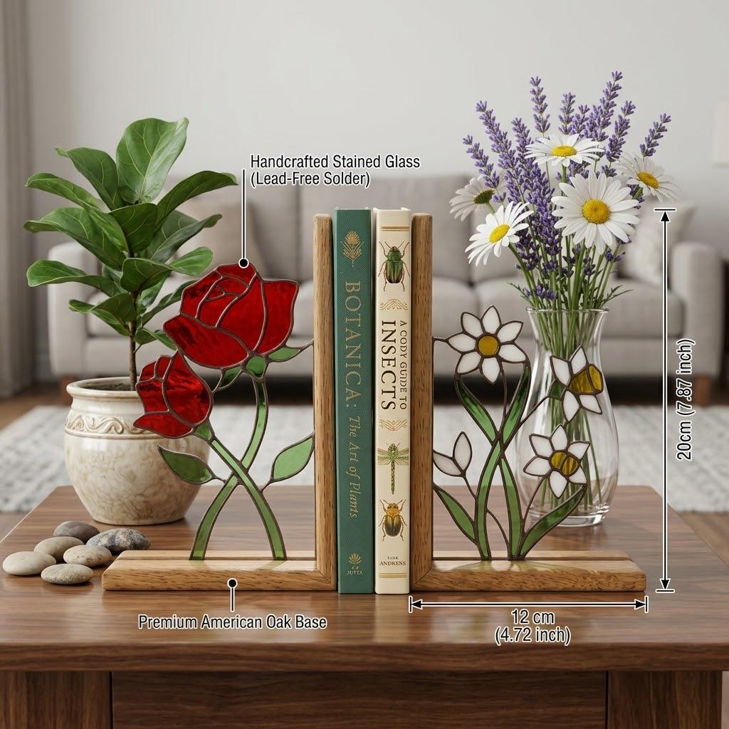 Stained Glass Floral Bookends Red Rose & White Daisy Wood Book Stand Botanical Shelf Decor Book Lover Gift for Women Mother's Day