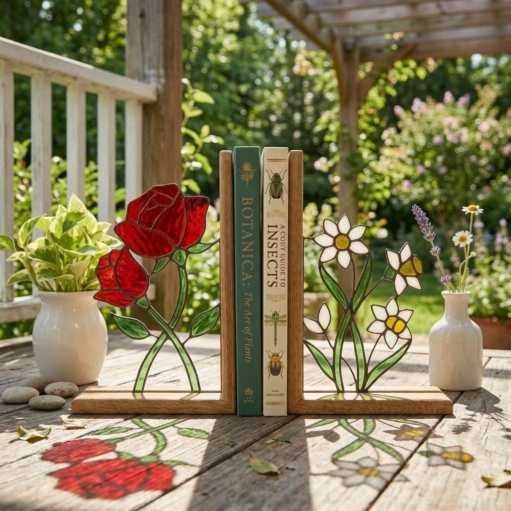 Stained Glass Floral Bookends Red Rose & White Daisy Wood Book Stand Botanical Shelf Decor Book Lover Gift for Women Mother's Day