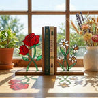 Stained Glass Floral Bookends Red Rose & White Daisy Wood Book Stand Botanical Shelf Decor Book Lover Gift for Women Mother's Day
