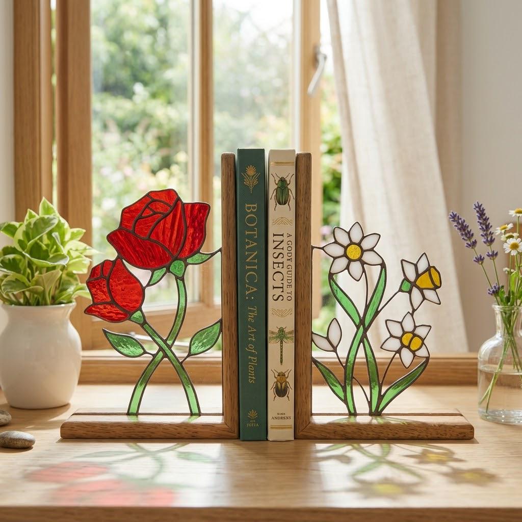 Stained Glass Floral Bookends Red Rose & White Daisy Wood Book Stand Botanical Shelf Decor Book Lover Gift for Women Mother's Day