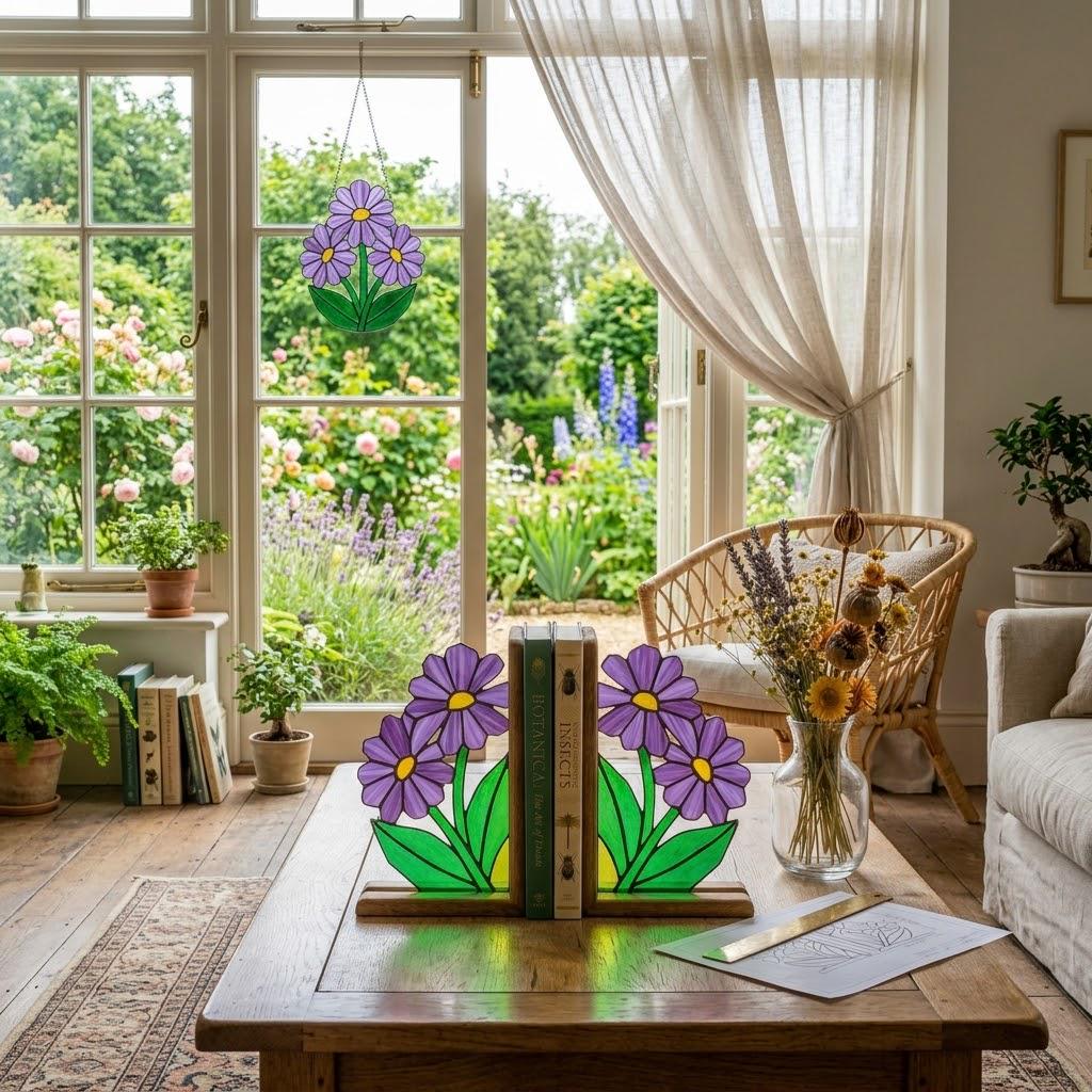 Stained Glass Purple Flower Bookends Botanical Wood Book Stand Cottagecore Room Decor Book Lover Gift for Women September Aster Art