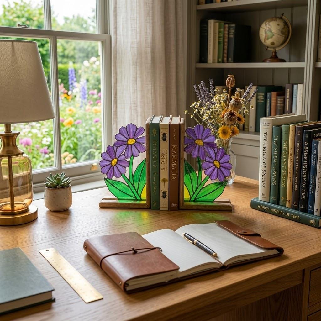 Stained Glass Purple Flower Bookends Botanical Wood Book Stand Cottagecore Room Decor Book Lover Gift for Women September Aster Art