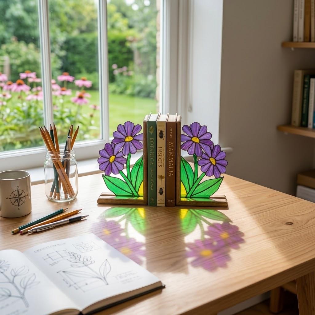 Stained Glass Purple Flower Bookends Botanical Wood Book Stand Cottagecore Room Decor Book Lover Gift for Women September Aster Art
