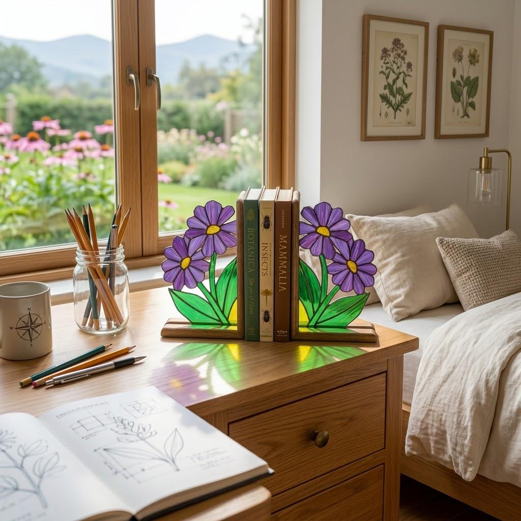 Stained Glass Purple Flower Bookends Botanical Wood Book Stand Cottagecore Room Decor Book Lover Gift for Women September Aster Art