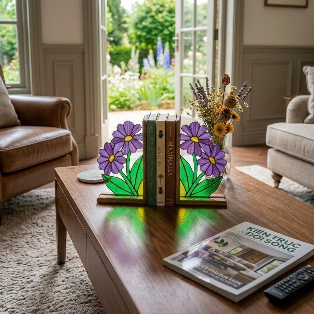Stained Glass Purple Flower Bookends Botanical Wood Book Stand Cottagecore Room Decor Book Lover Gift for Women September Aster Art