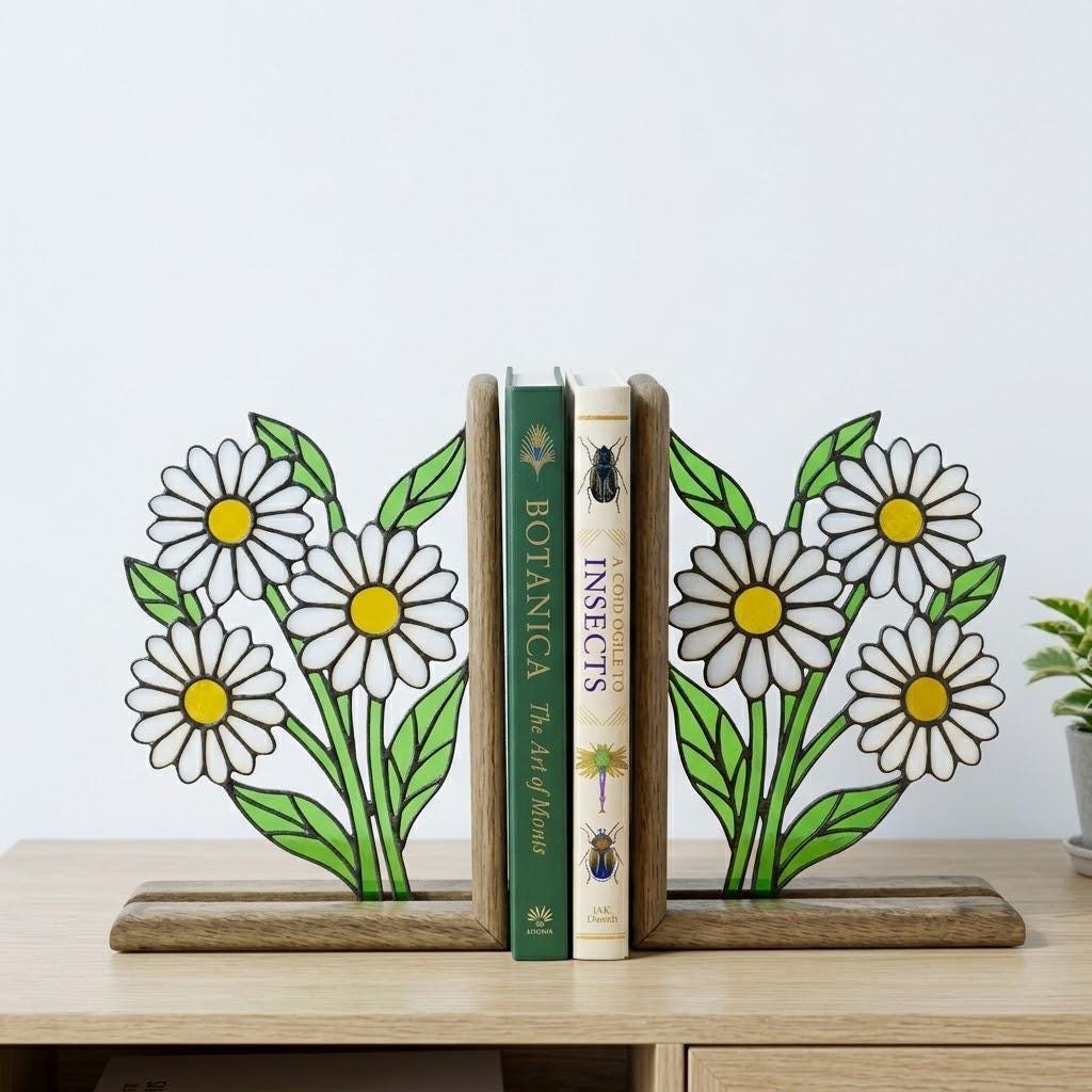 Handmade stained glass white daisy flower bookends on solid wood bases holding books on a sunlit desk, beautiful cottagecore shelf decor and book lover gift.