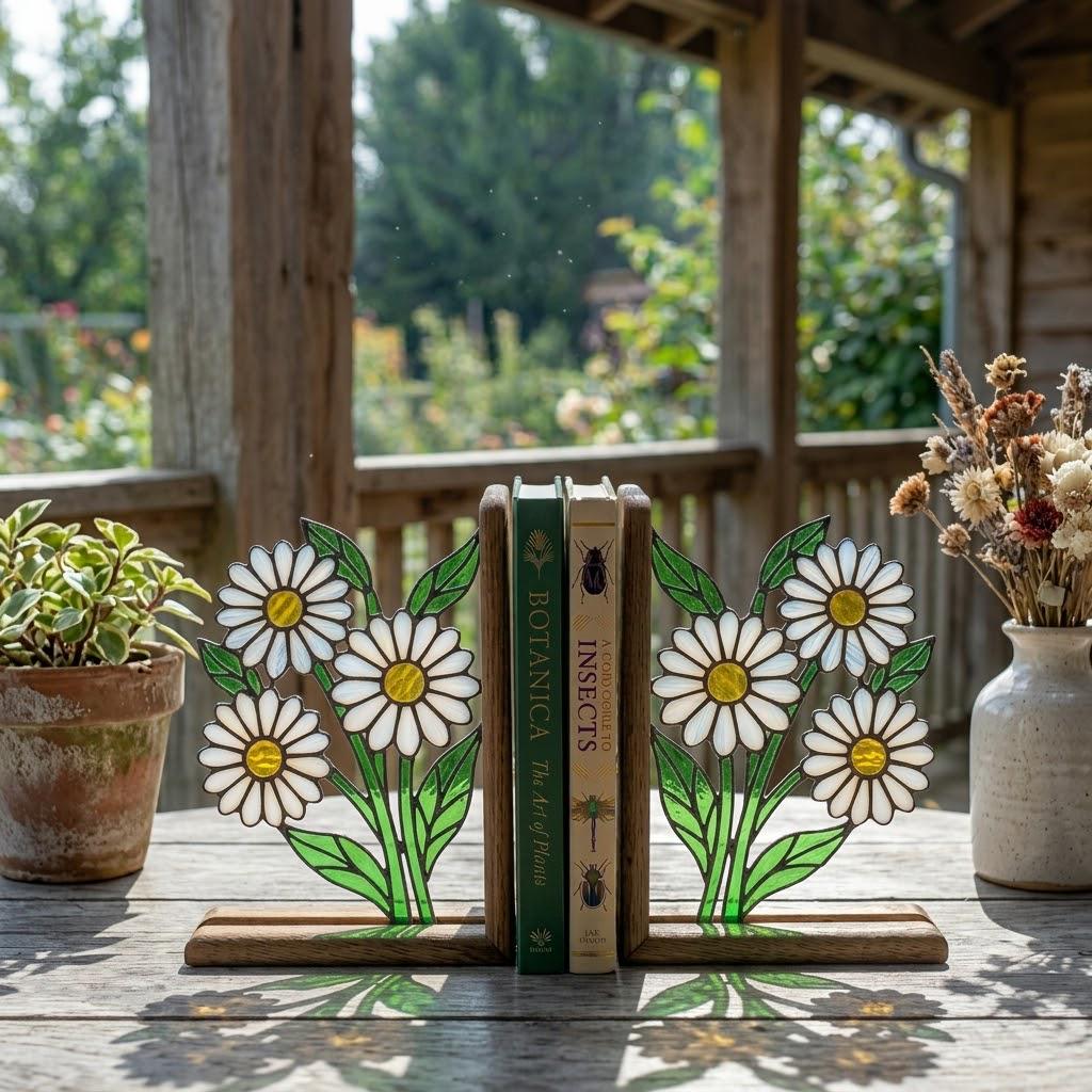 Handmade stained glass white daisy flower bookends on solid wood bases holding books on a sunlit desk, beautiful cottagecore shelf decor and book lover gift.
