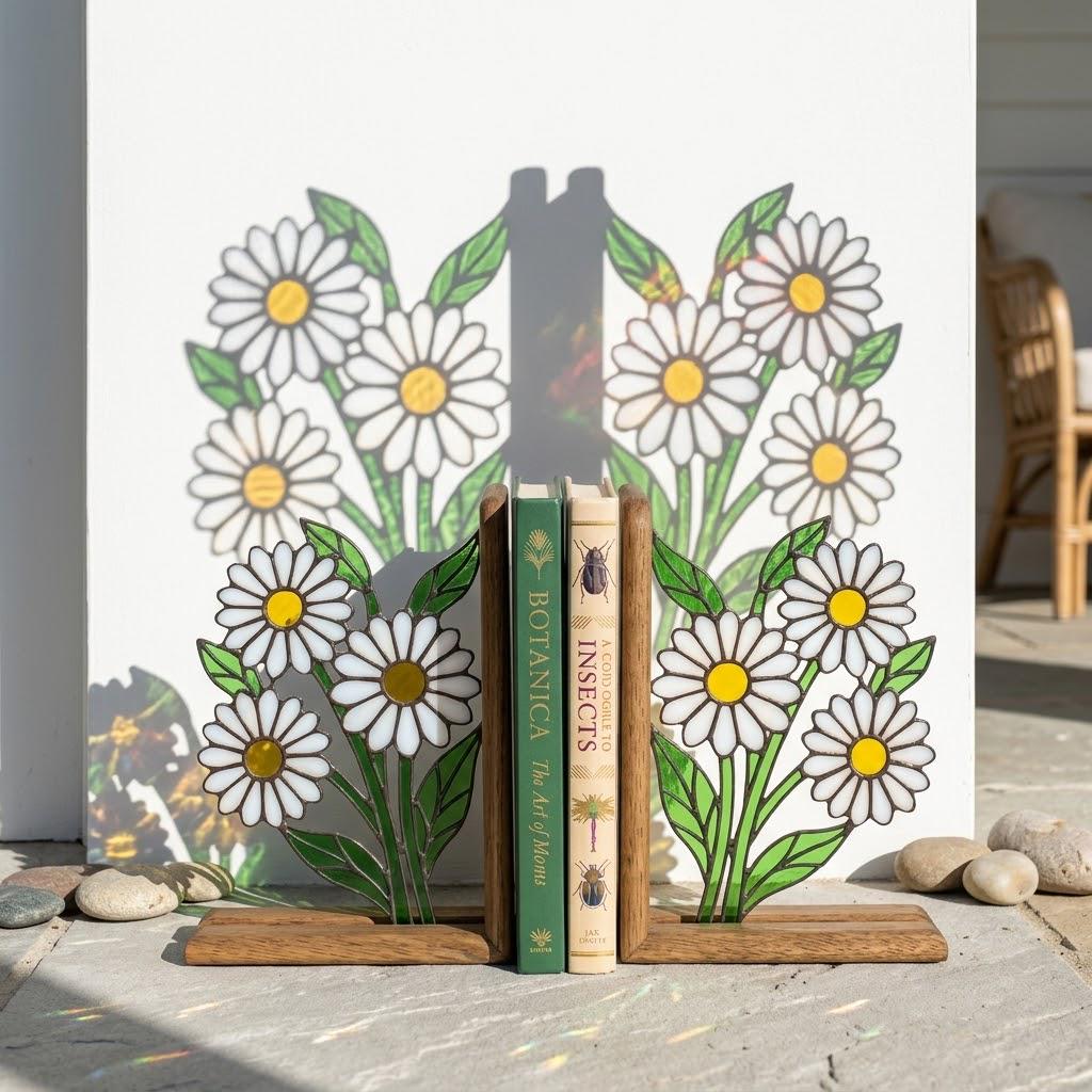 Handmade stained glass white daisy flower bookends on solid wood bases holding books on a sunlit desk, beautiful cottagecore shelf decor and book lover gift.