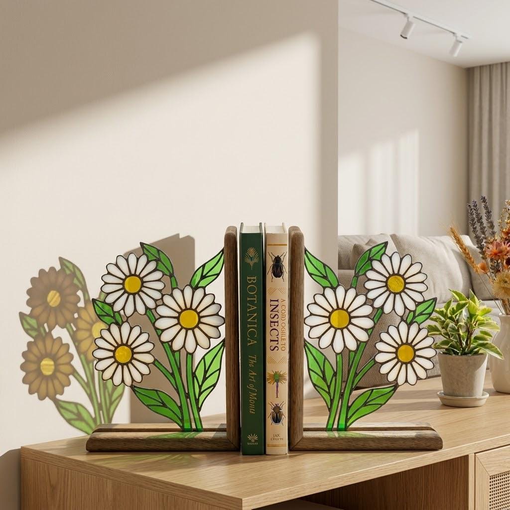 Handmade stained glass white daisy flower bookends on solid wood bases holding books on a sunlit desk, beautiful cottagecore shelf decor and book lover gift.