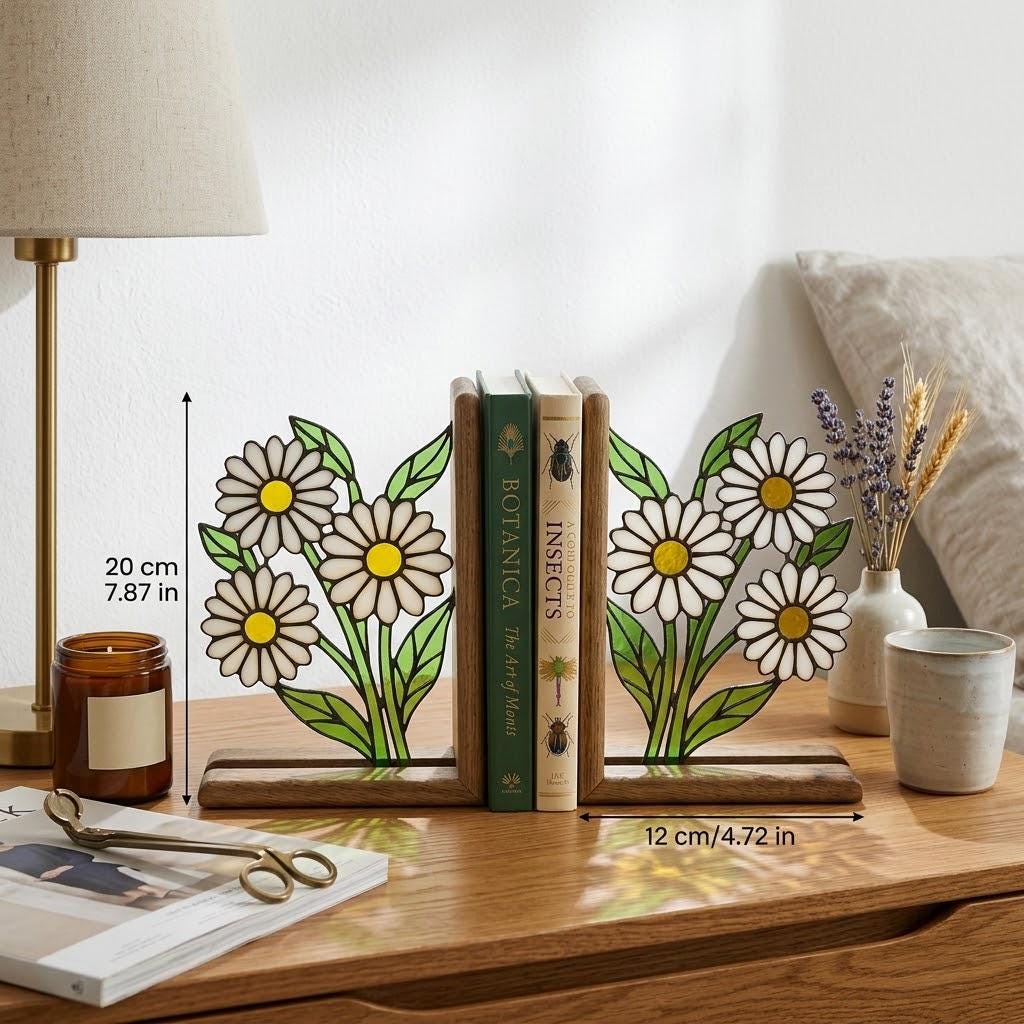 Handmade stained glass white daisy flower bookends on solid wood bases holding books on a sunlit desk, beautiful cottagecore shelf decor and book lover gift.