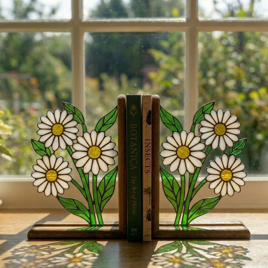 Handmade stained glass white daisy flower bookends on solid wood bases holding books on a sunlit desk, beautiful cottagecore shelf decor and book lover gift.