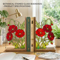 Handmade stained glass red poppy flower bookends on premium solid wood bases, beautiful botanical shelf decor, book lover and memorial remembrance gift.