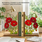 Handmade stained glass red poppy flower bookends on premium solid wood bases, beautiful botanical shelf decor, book lover and memorial remembrance gift.