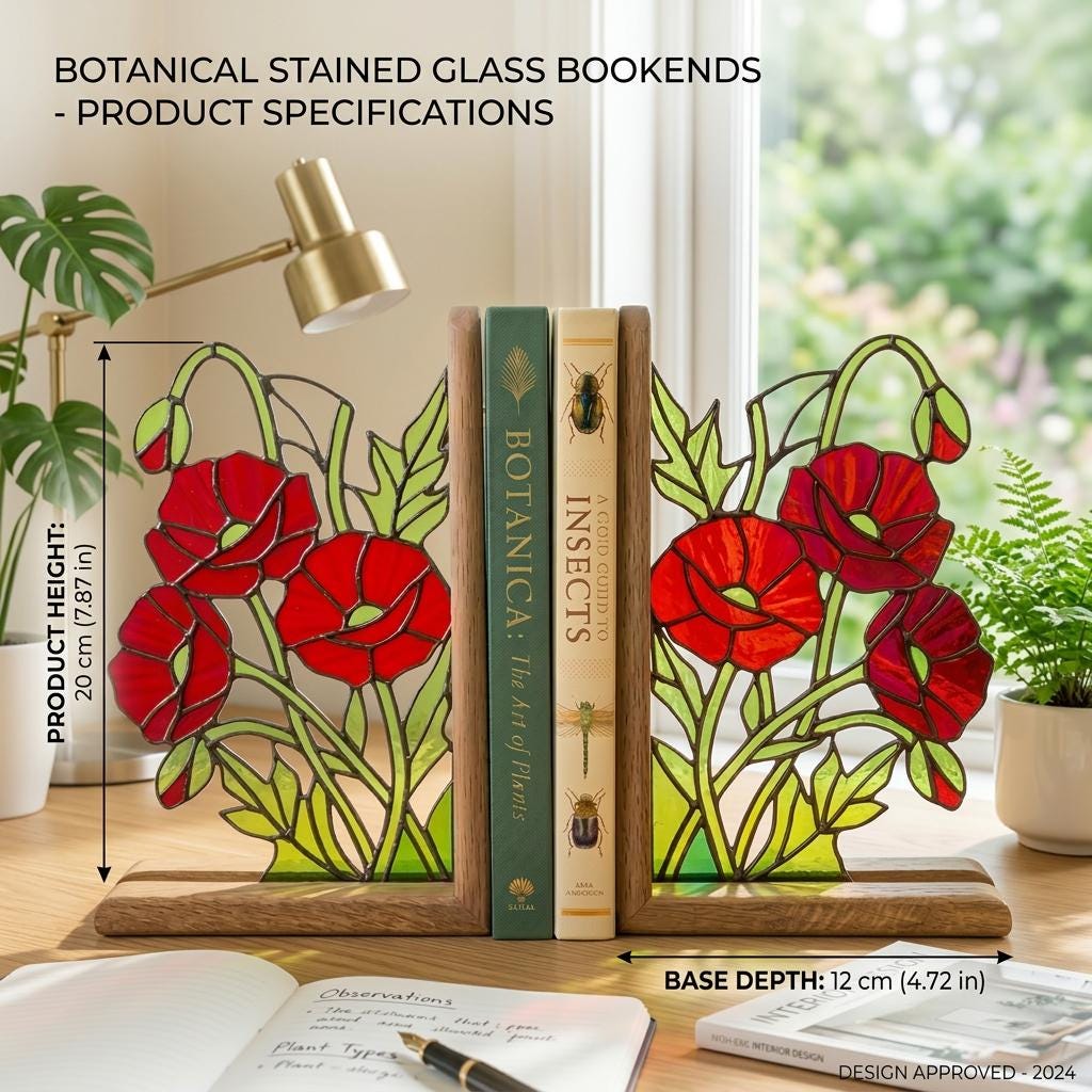 Handmade stained glass red poppy flower bookends on premium solid wood bases, beautiful botanical shelf decor, book lover and memorial remembrance gift.