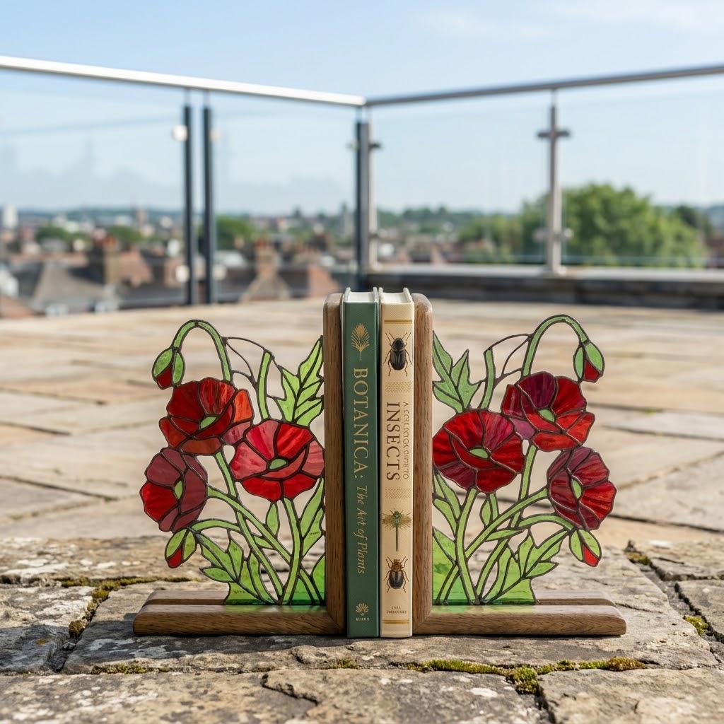 Handmade stained glass red poppy flower bookends on premium solid wood bases, beautiful botanical shelf decor, book lover and memorial remembrance gift.