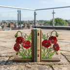 Handmade stained glass red poppy flower bookends on premium solid wood bases, beautiful botanical shelf decor, book lover and memorial remembrance gift.