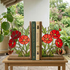 Handmade stained glass red poppy flower bookends on premium solid wood bases, beautiful botanical shelf decor, book lover and memorial remembrance gift.