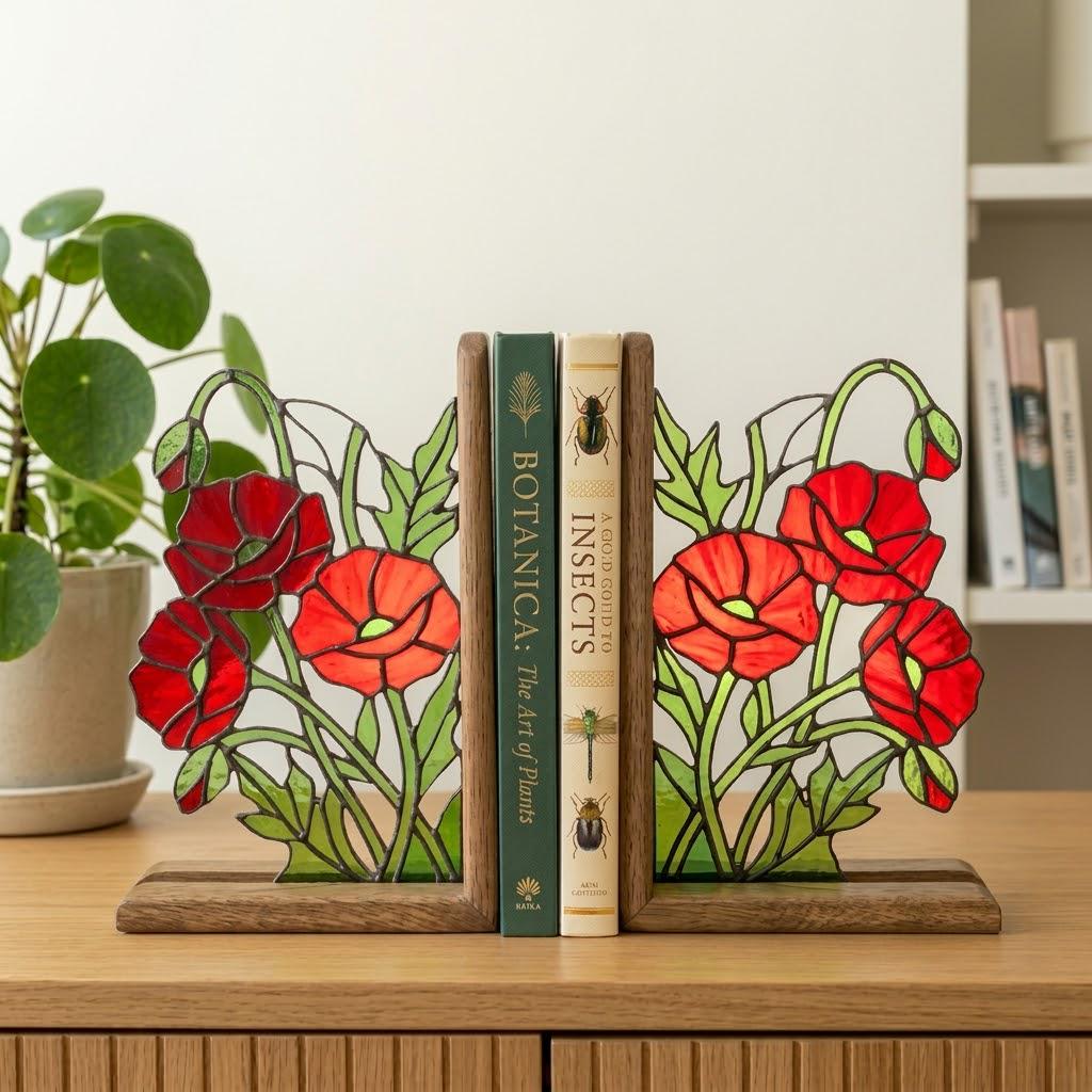 Handmade stained glass red poppy flower bookends on premium solid wood bases, beautiful botanical shelf decor, book lover and memorial remembrance gift.