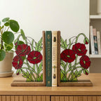 Handmade stained glass red poppy flower bookends on premium solid wood bases, beautiful botanical shelf decor, book lover and memorial remembrance gift.