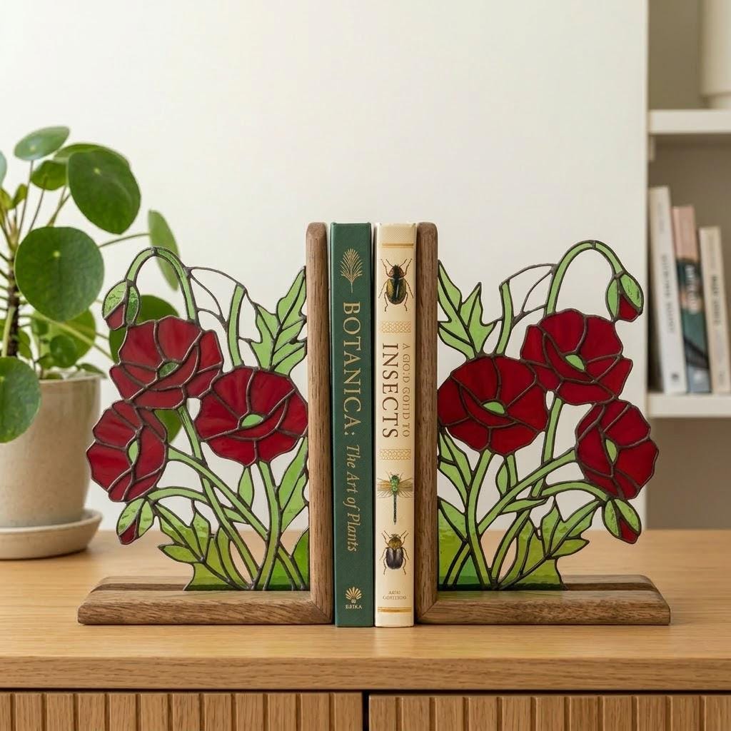 Handmade stained glass red poppy flower bookends on premium solid wood bases, beautiful botanical shelf decor, book lover and memorial remembrance gift.