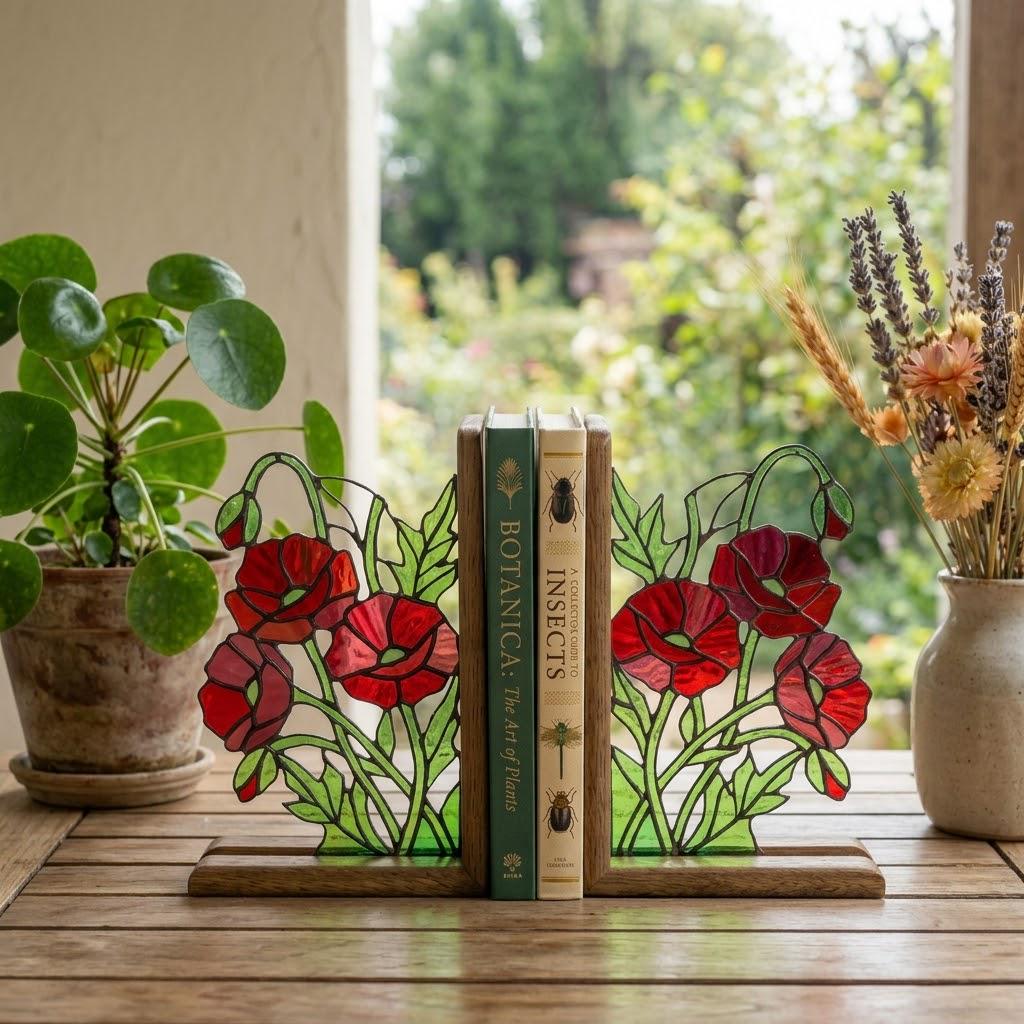 Handmade stained glass red poppy flower bookends on premium solid wood bases, beautiful botanical shelf decor, book lover and memorial remembrance gift.