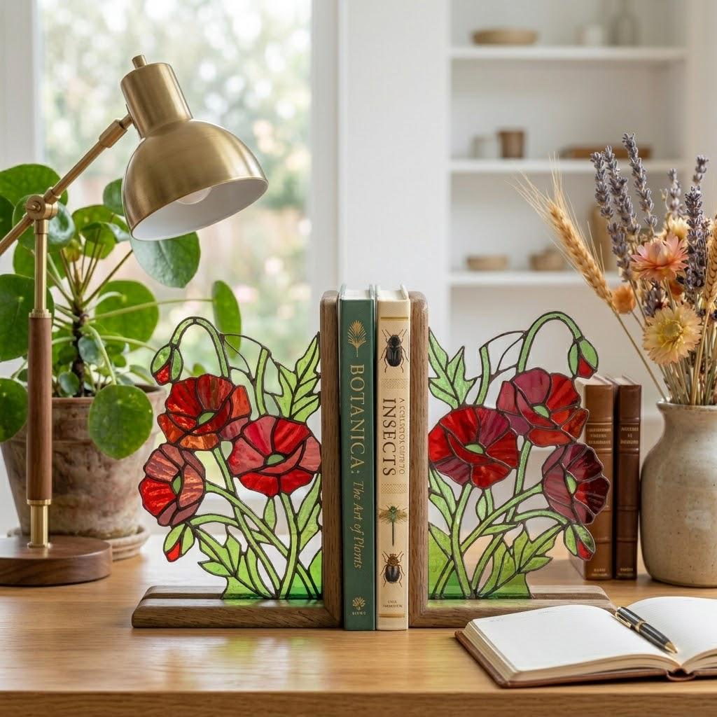 Handmade stained glass red poppy flower bookends on premium solid wood bases, beautiful botanical shelf decor, book lover and memorial remembrance gift.