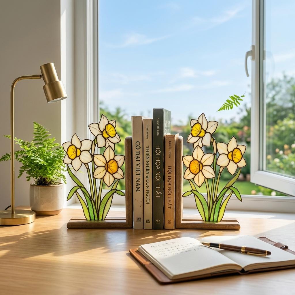 Handmade stained glass white and yellow daffodil flower bookends on premium solid wood bases, beautiful spring botanical bookshelf decor and March birth flower book lover gift.