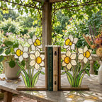 Handmade stained glass white and yellow daffodil flower bookends on premium solid wood bases, beautiful spring botanical bookshelf decor and March birth flower book lover gift.