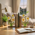 Handmade stained glass white and yellow daffodil flower bookends on premium solid wood bases, beautiful spring botanical bookshelf decor and March birth flower book lover gift.