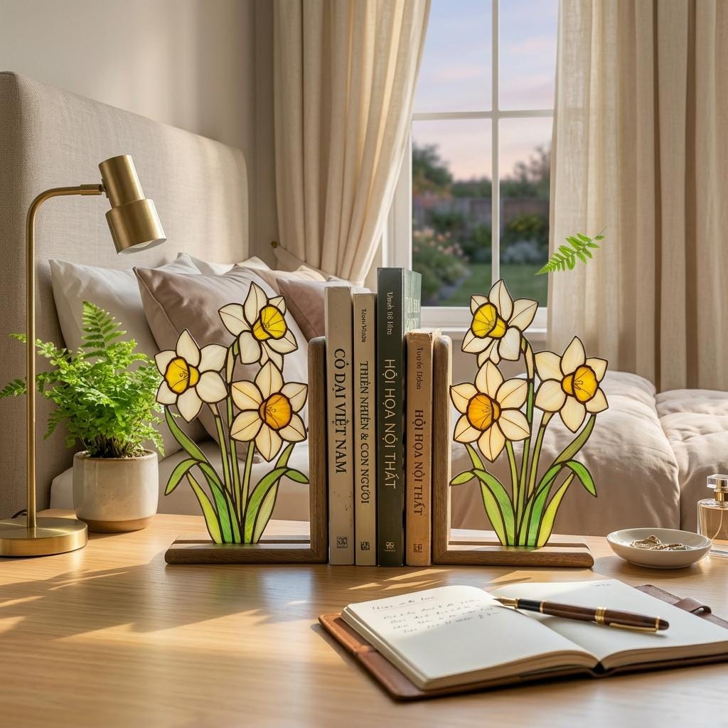Handmade stained glass white and yellow daffodil flower bookends on premium solid wood bases, beautiful spring botanical bookshelf decor and March birth flower book lover gift.