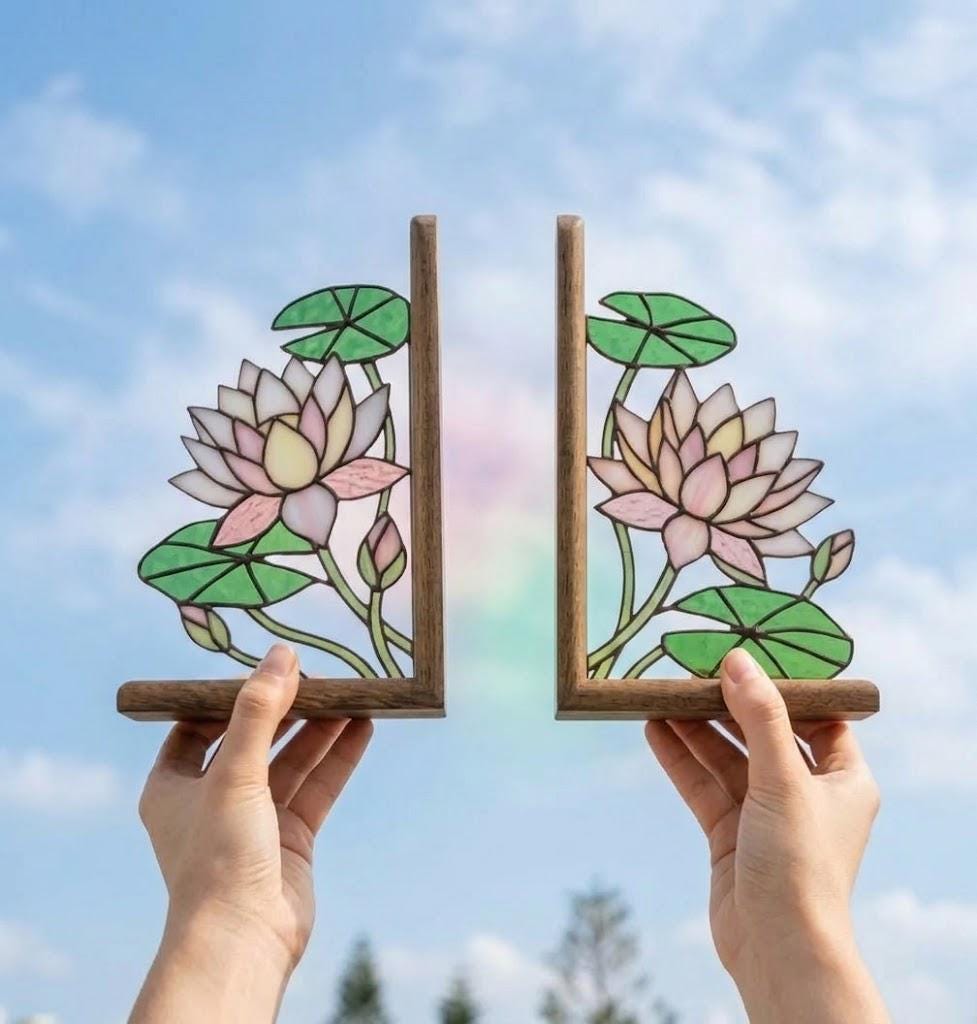 Handmade stained glass pink lotus flower bookends on premium wood bases presented in luxury silk lined gift box, zen spiritual home decor and housewarming gift.