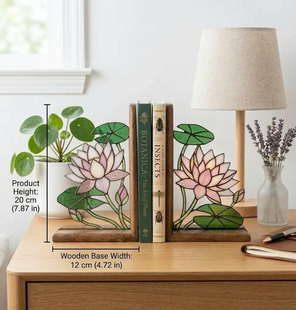 Handmade stained glass pink lotus flower bookends on premium wood bases presented in luxury silk lined gift box, zen spiritual home decor and housewarming gift.