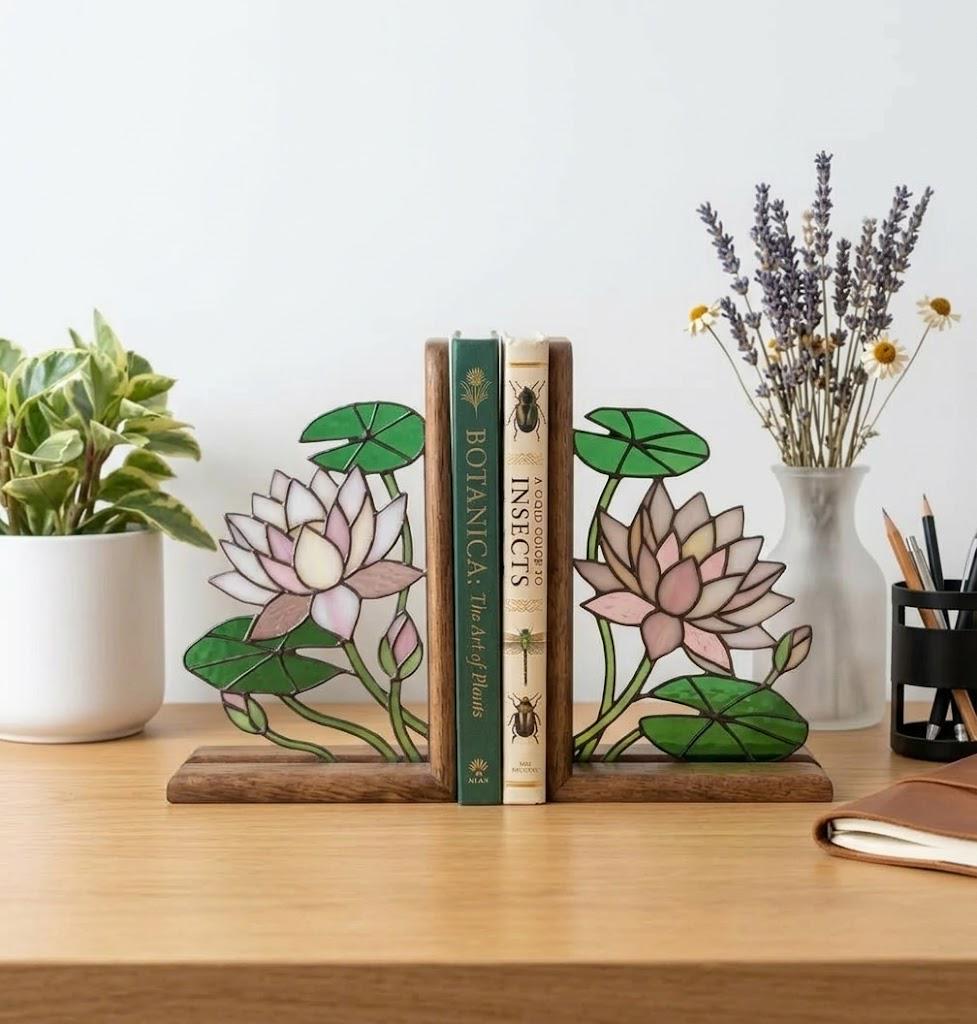 Handmade stained glass pink lotus flower bookends on premium wood bases presented in luxury silk lined gift box, zen spiritual home decor and housewarming gift.
